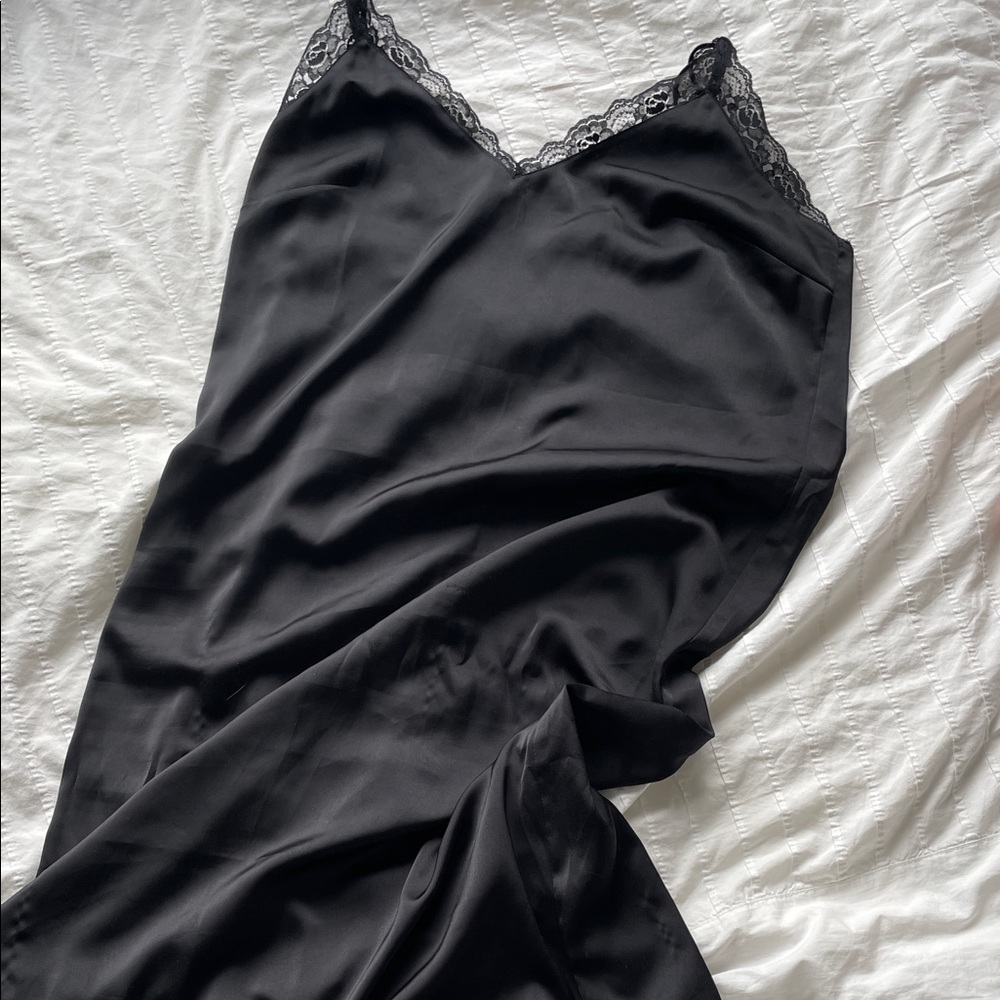 Elegant Black Silk Lace Trim Maxi Dress